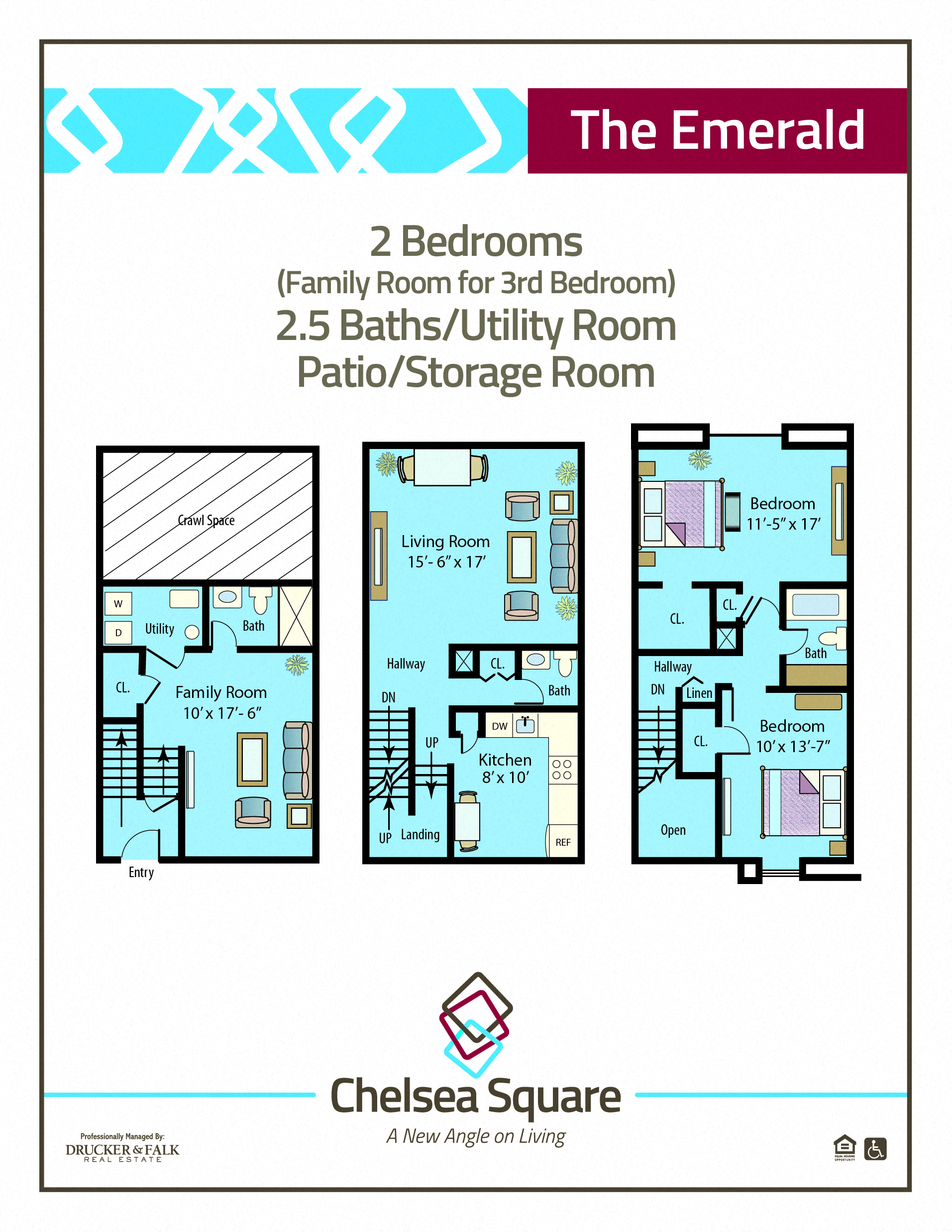 Floor plan for 2 beds, 2.5 baths, 1400 sqft
